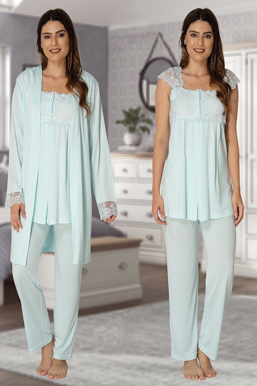 Effort Puerpera Effort Kadın Mavi Hamile Lohusa Sabahlıklı Pijama Takımı 2301 görsel 3
