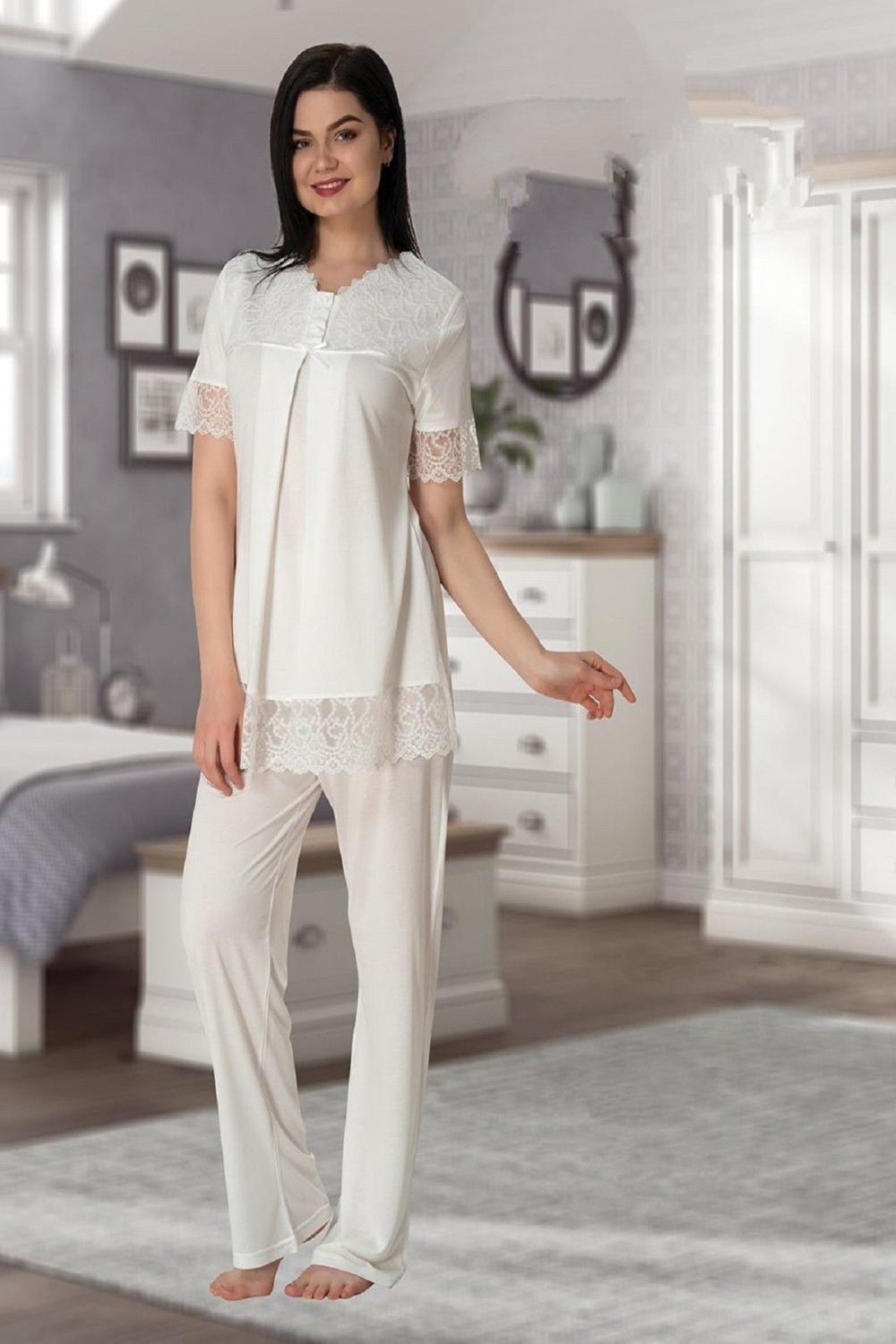 Puerpera Effort Kadın Ekru Kısa Kollu Hamile Lohusa Pijama Takımı 5042