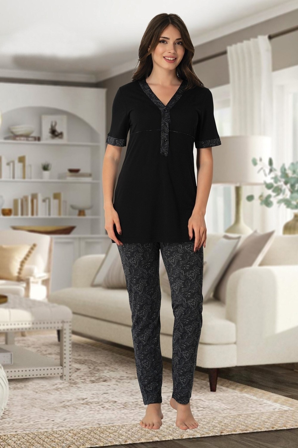Puerpera Effortt Siyah Kadın Hamile Lohusa Pijama Takımı 8052