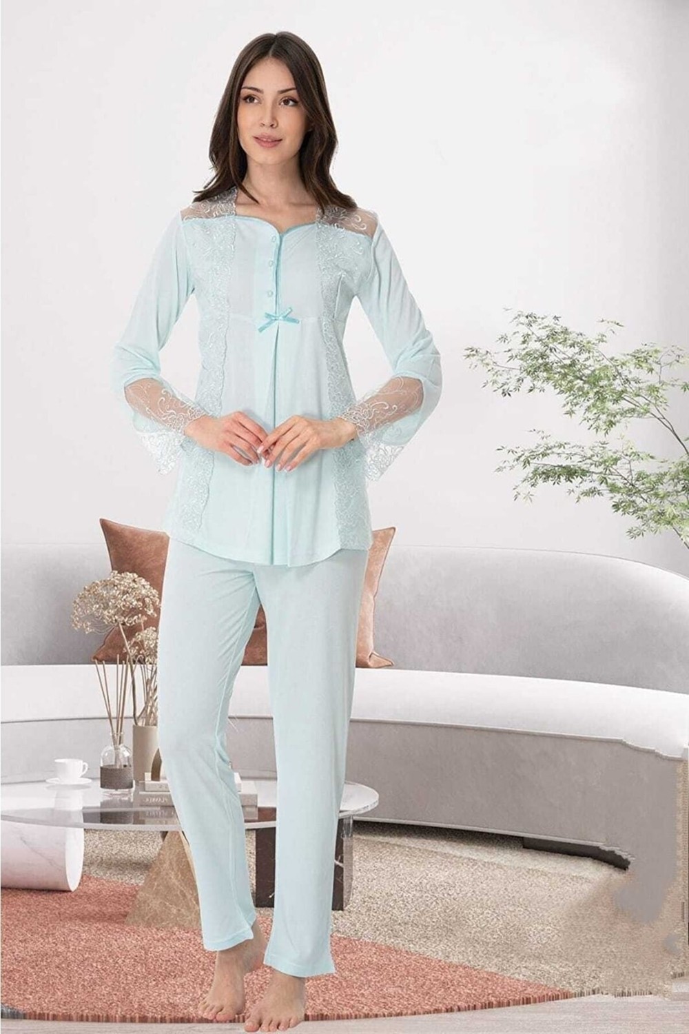 Puerpera Effortt Kadın Lohusa Hamile Dantel Detaylı Şık Pijama Takımı 8018
