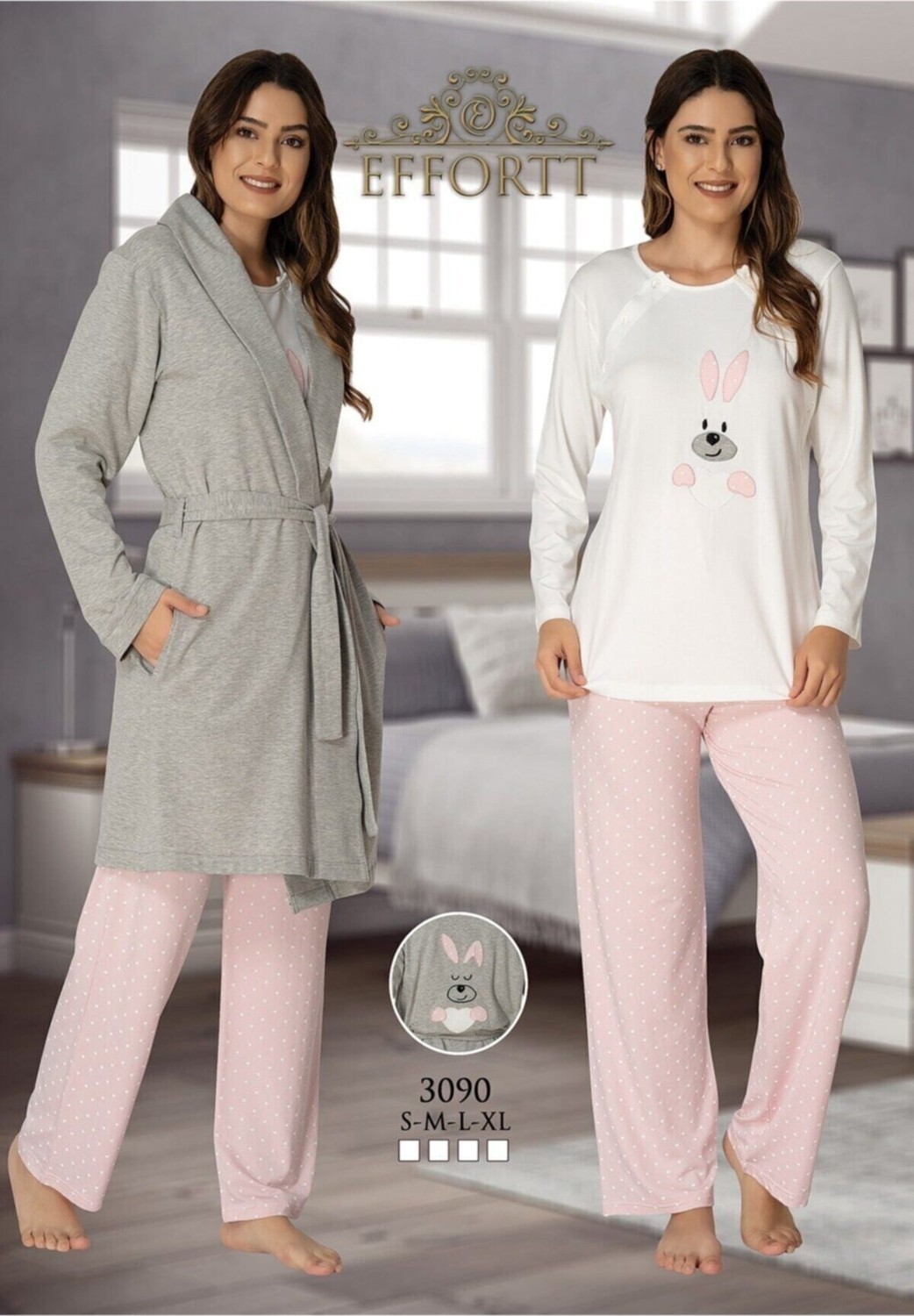 Puerpera Effort Kadın Mavi Tavşan Baskılı Sabahlıklı Hamile Lohusa Pijama Takımı 3090