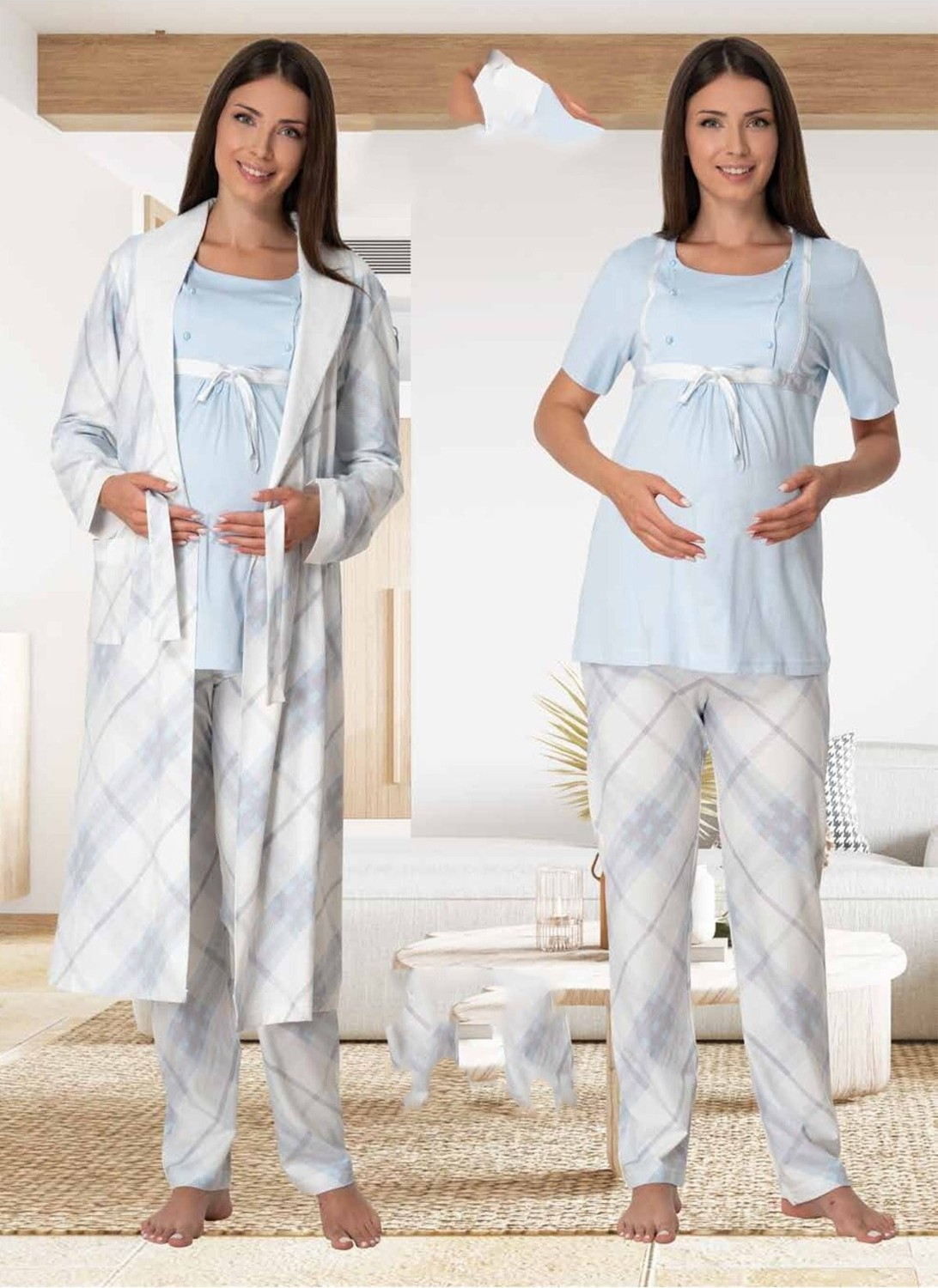Puerpera Effortt Kadın Kısa Kollu Hamile Lohusa Pijama Takımı ve Sabahlık 6024 görsel 3