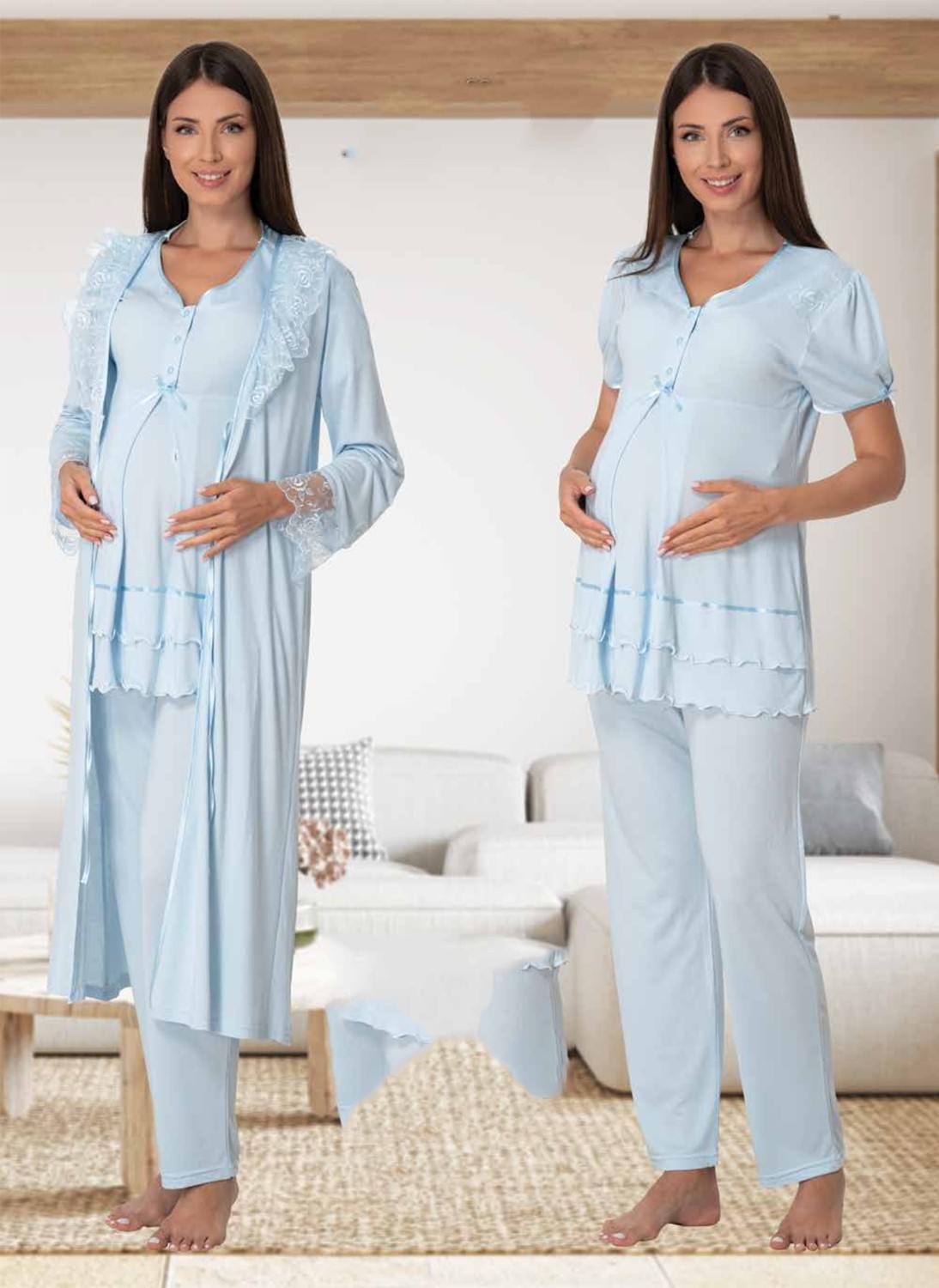 Effort Puerpera Effort Kadın Pembe Lohusa Hamile Pijama Takımı ve Sabahlık Set 8024