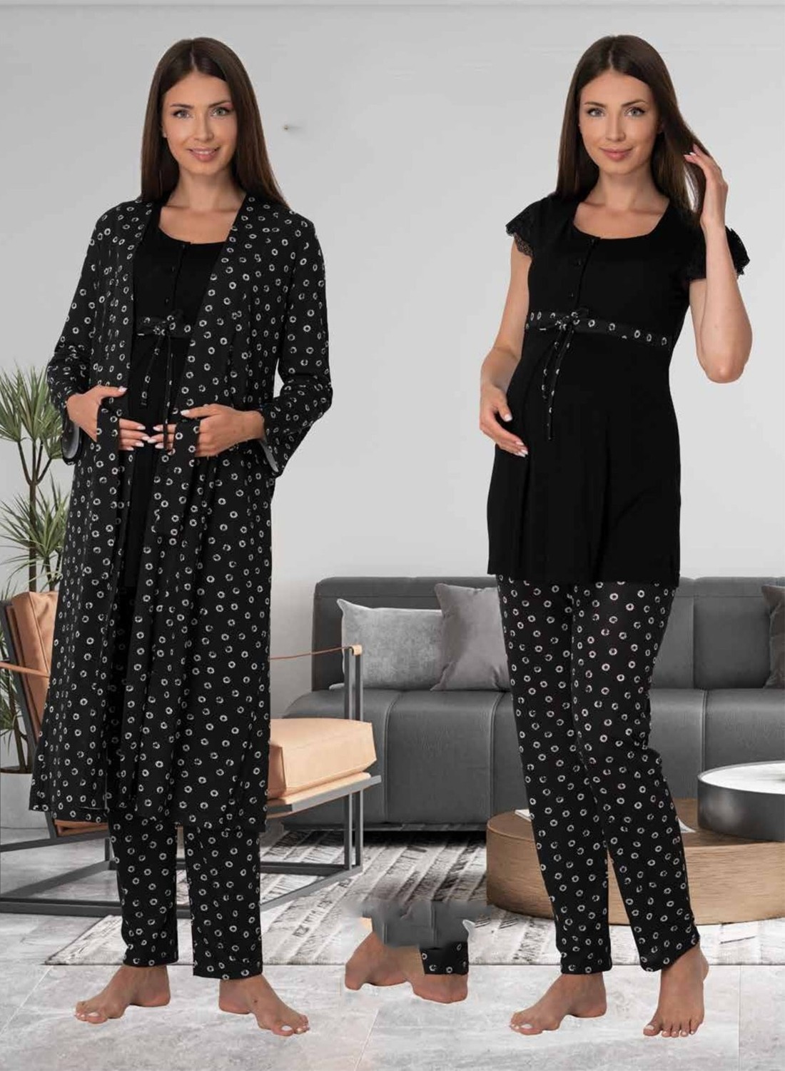 Puerpera Effort Kadın Pembe Hamile Lohusa Sabahlıklı Pijama Takımı 6014 görsel 3