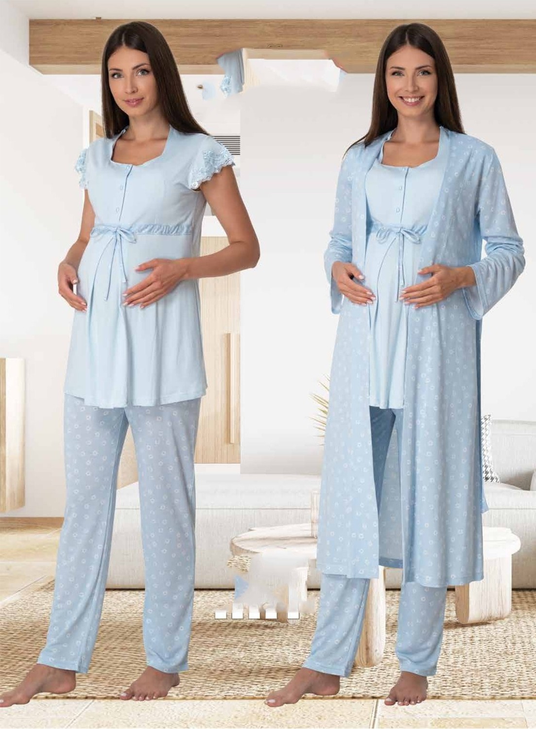 Puerpera Effort Kadın Pembe Hamile Lohusa Sabahlıklı Pijama Takımı 6014