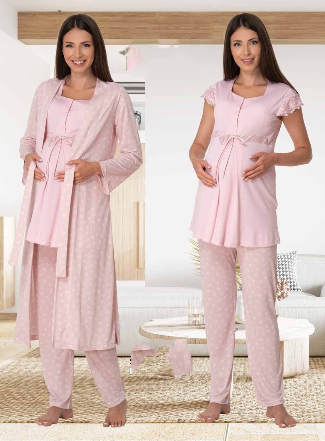 Puerpera Effort Kadın Pembe Hamile Lohusa Sabahlıklı Pijama Takımı 6014 görsel 7