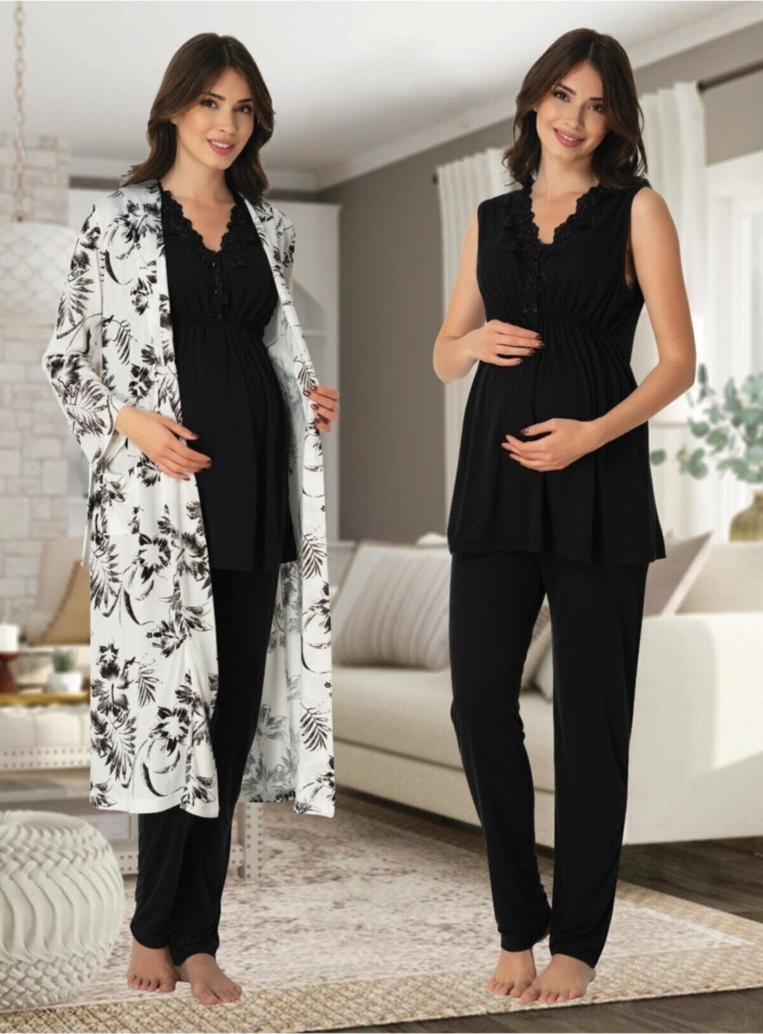 Effort Puerpera Effort Kadın Lacivert Lohusa Hamile Sabahlıklı Pijama Takımı 8034 görsel 5