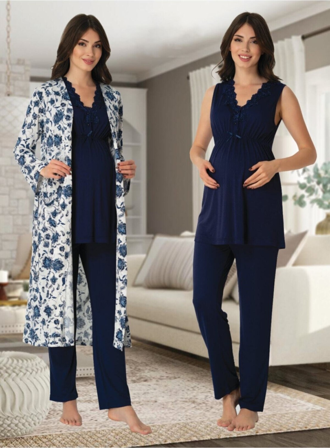 Effort Puerpera Effort Kadın Lacivert Lohusa Hamile Sabahlıklı Pijama Takımı 8034 görsel 2