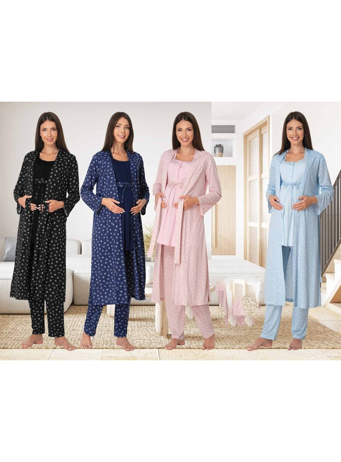 Puerpera Effort Kadın Pembe Hamile Lohusa Sabahlıklı Pijama Takımı 6014 görsel 2