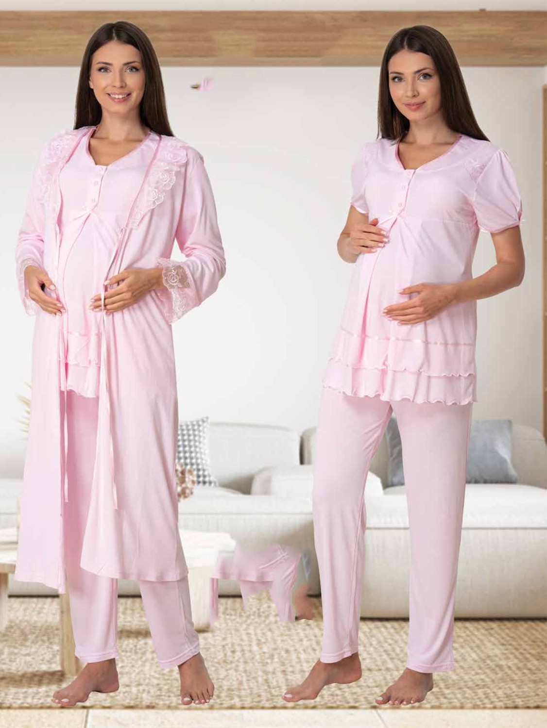 Effort Puerpera Effort Kadın Pembe Lohusa Hamile Pijama Takımı ve Sabahlık Set 8024 görsel 2