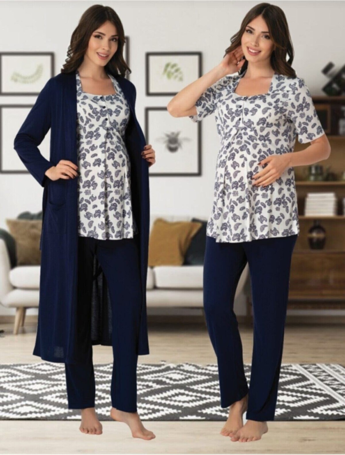 Effort Puerpera Effort Kadın Lacivert Lohusa Hamile Sabahlıklı Pijama Takımı 8014 görsel 2