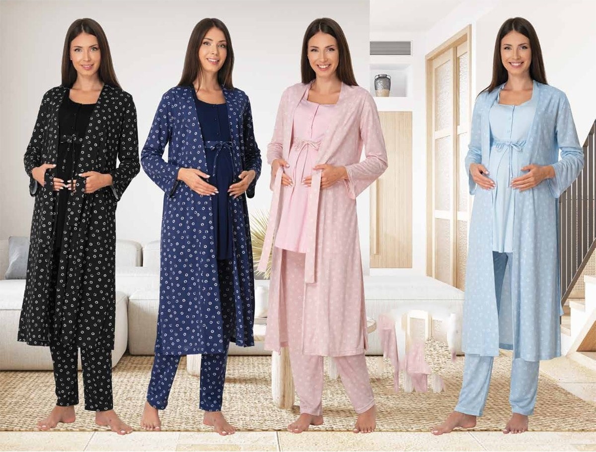 Puerpera Effort Kadın Pembe Hamile Lohusa Sabahlıklı Pijama Takımı 6014 görsel 8