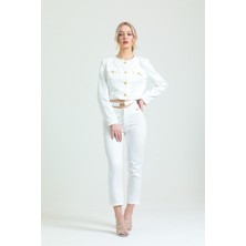 WAYNG Crop Blazer Ceket Yüksek Bel Boru Paça Kemerli Pantolon Kadın Takım Elbise Berceste