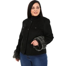 Disentis Modest Büyük Beden Kolu Kürklü Sahte Cepli Astarlı Kısa Siyah Ceket
