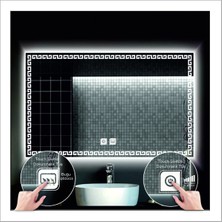 Dnr-Mirror65x90 Cm Beyaz Ledli Tasarım Kumlamalı Dokunmatik Tuşlu Buğu Önleyicili Banyo Aynası Makyaj Aynası