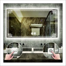 Dnr-Mirror70x100 Cm Beyaz Ledli Tasarım Kumlamalı Dokunmatik Tuşlu Buğu Önleyicili Banyo Aynası Makyaj Aynası