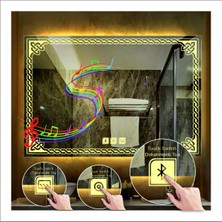 Dnr-Mirror70x90 Cm Günışığı Ledli Tasarım Kumlamalı Dokunmatik Bluetoothlu Buğu Önleyicili Makyaj Banyo Aynası