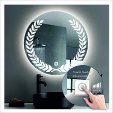 Dnr-Mirror50 Cm Beyaz Ledli Tasarım Kumlamalı Dokunmatik Tuşlu Banyo Aynası Makyaj Aynası Işıklı Ayna