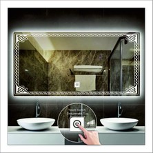 Dnr-Mirror80x100 Cm Beyaz Ledli Tasarım Kumlamalı Dokunmatik Tuşlu Banyo Aynası Makyaj Aynası Işıklı Ayna