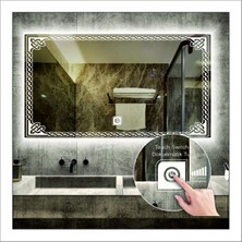 Dnr-Mirror70x90 Cm Beyaz Ledli Tasarım Kumlamalı Dokunmatik Tuşlu Banyo Aynası Makyaj Aynası Işıklı Ayna