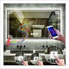 Dnr-Mirror70x90 Cm Beyaz Ledli Tasarım Kumlamalı Dokunmatik Bluetoothlu Buğu Önleyicili Makyaj Banyo Aynası
