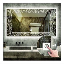 Dnr-Mirror80x120 Cm Beyaz Ledli Tasarım Kumlamalı Dokunmatik Tuşlu Banyo Aynası Makyaj Aynası Işıklı Ayna