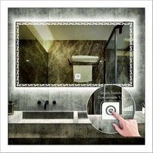 Dnr-Mirror65x90 Cm Beyaz Ledli Tasarım Kumlamalı Dokunmatik Tuşlu Banyo Aynası Makyaj Aynası Işıklı Ayna