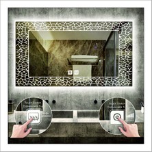 Dnr-Mirror70x100 Cm Beyaz Ledli Tasarım Kumlamalı Dokunmatik Tuşlu Buğu Önleyicili Banyo Aynası Makyaj Aynası