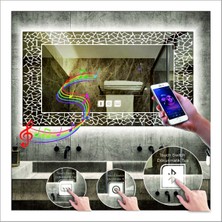 Dnr-Mirror70x90 Cm Beyaz Ledli Tasarım Kumlamalı Dokunmatik Bluetoothlu Buğu Önleyicili Makyaj Banyo Aynası