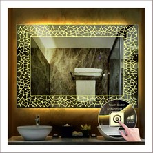 Dnr-Mirror65x90 Cm Günışığı Ledli Tasarım Kumlamalı Dokunmatik Tuşlu Banyo Aynası Makyaj Aynası Işıklı Ayna