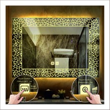 Dnr-Mirror65x90 Cm Günışığı Ledli Tasarım Kumlamalı Dokunmatik Tuşlu Buğu Önleyicili Banyo Aynası