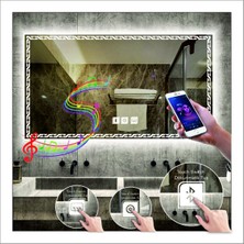 Dnr-Mirror80x100 Cm Beyaz Ledli Tasarım Kumlamalı Dokunmatik Bluetoothlu Buğu Önleyicili Makyaj Banyo Aynası