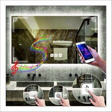 Dnr-Mirror70x100 Cm Beyaz Ledli Tasarım Kumlamalı Dokunmatik Bluetoothlu Buğu Önleyicili Makyaj Banyo Aynası