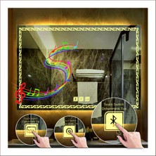 Dnr-Mirror65x90 Cm Günışığı Ledli Tasarım Kumlamalı Dokunmatik Bluetoothlu Buğu Önleyicili Makyaj Banyo Aynası