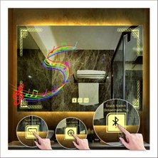 Dnr-Mirror65x90 Cm Günışığı Ledli Tasarım Kumlamalı Dokunmatik Bluetoothlu Buğu Önleyicili Makyaj Banyo Aynası