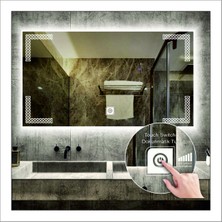 Dnr-Mirror70x90 Cm Beyaz Ledli Tasarım Kumlamalı Dokunmatik Tuşlu Banyo Aynası Makyaj Aynası Işıklı Ayna