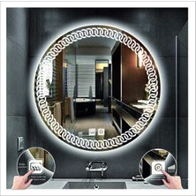 Dnr-MirrorDnr-Mirror 70 cm Beyaz Ledli Tasarım Kumlamalı Dokunmatik Tuşlu Buğu Önleyicili Banyo Aynası Makyaj Aynası