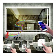 Dnr-Mirror75x105 Cm Beyaz Ledli Tasarım Kumlamalı Dokunmatik Bluetoothlu Buğu Önleyicili Makyaj Banyo Aynası