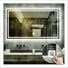 Dnr-Mirror75x105 Cm Beyaz Ledli Tasarım Kumlamalı Dokunmatik Tuşlu Banyo Aynası Makyaj Aynası Işıklı Ayna