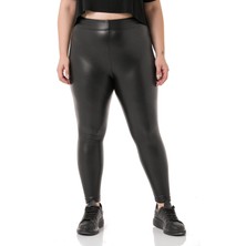 Disentis Modest Büyük Beden Beli Lastikli Bilek Hizasında Siyah Deri Tayt