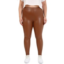 Disentis Modest Büyük Beden Beli Lastikli Bilek Hizasında Kahverengi Deri Tayt