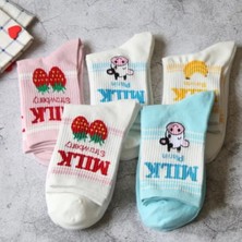 Worthy Socks 5 Çift Kadın Çok Renkli Milk Yazılı Desenli Yıkamalı Kolej Tenis Çorap