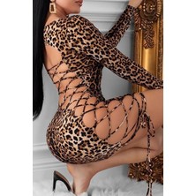 Rosy Leopar Sırttan Veyandan Capraz Bağlamalı Elbise