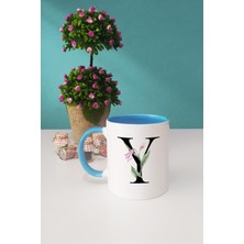 Çiçek Desenli Y Harfli Kupa Bardak Mavi