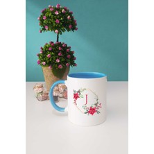 Çiçekli J Harfli Kupa Bardak Mavi