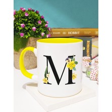 Çiçekli Harf Tasarımlı M Kupa Bardak Sarı