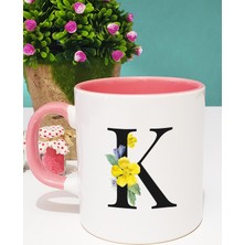 Hedizu Çiçekli Harf Tasarımlı K Kupa Bardak Pembe