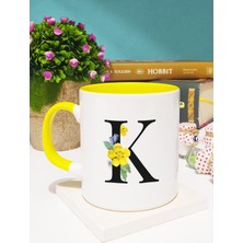 Çiçekli Harf Tasarımlı K Kupa Bardak Sarı