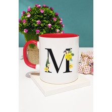Çiçekli Harf Tasarımlı M Kupa Bardak Kırmızı
