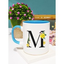 Çiçekli Harf Tasarımlı M Kupa Bardak Mavi